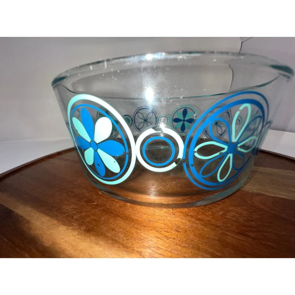 Pyrex Blue Mod Flowers Glass Bowls Set of 2 Vintage Retro MCM Teal Cobalt